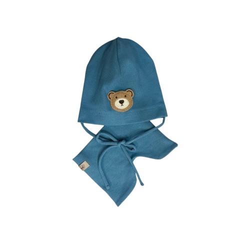 komplet wiosenny chłopiecy z misiem smerfowy czapka wiązana handmade.JPG