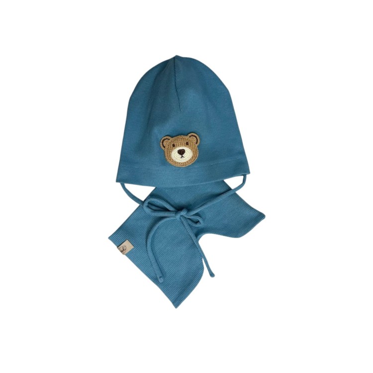 komplet wiosenny chłopiecy z misiem smerfowy czapka wiązana handmade.JPG