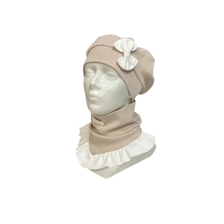 beret z kokardą komino chusta z falbanką dla dziewczynki na wiosnę migdał2.JPEG