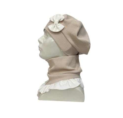 beret z kokardą komino chusta z falbanką dla dziewczynki na wiosnę migdał.JPEG