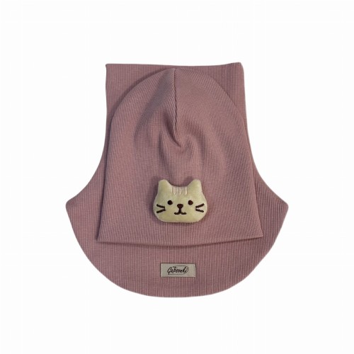 Czapka z kotkiem, kolor antyczny róż, komin, golf dla dziewczynki, zestaw jesienny, z dzianiny prązkowanej