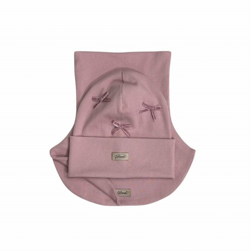 zestaw na jesień dla dziewczynki brudny róż czapka z kokardkami i komin golf