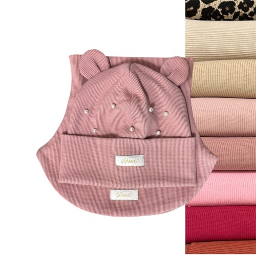 Czapka z uszami i perełkami | komino-golf | zestaw dla dziewczynki | dwuwarstwowy | różne kolory i rozmiary