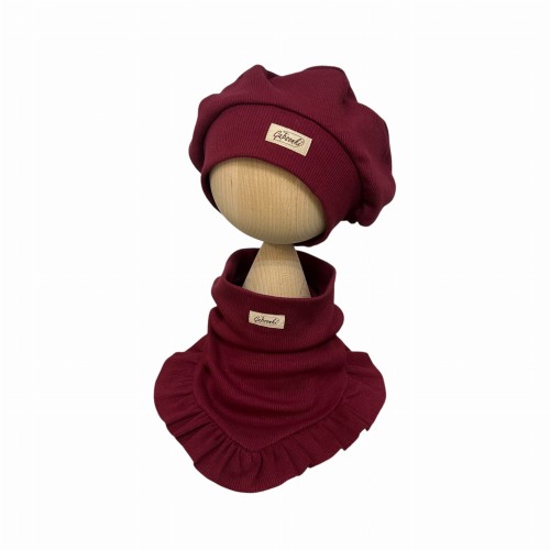 Beret wiosenny dla dziewczynki chusta na szyję z falbanką bordo