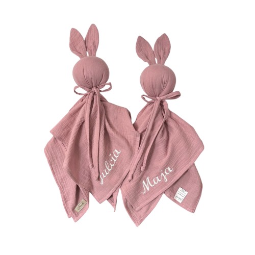 Pieluszka przytulanka muślinowa z uszami królik dla niemowlaka idealny prezent Handmade haft personalizacja
