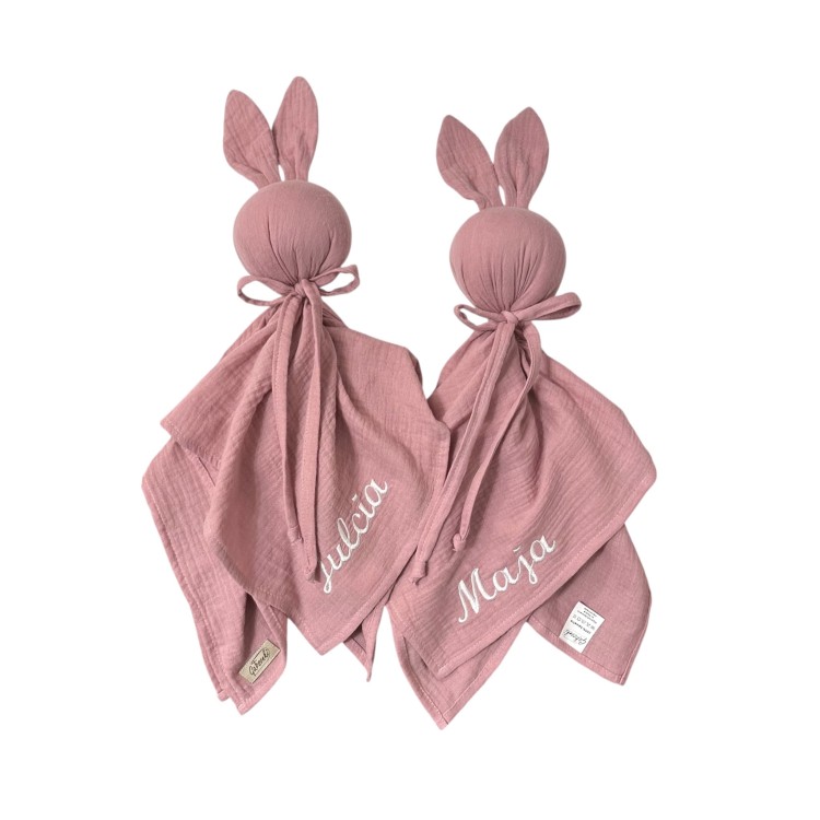 Pieluszka przytulanka muślinowa z uszami królik dla niemowlaka idealny prezent Handmade haft personalizacja
