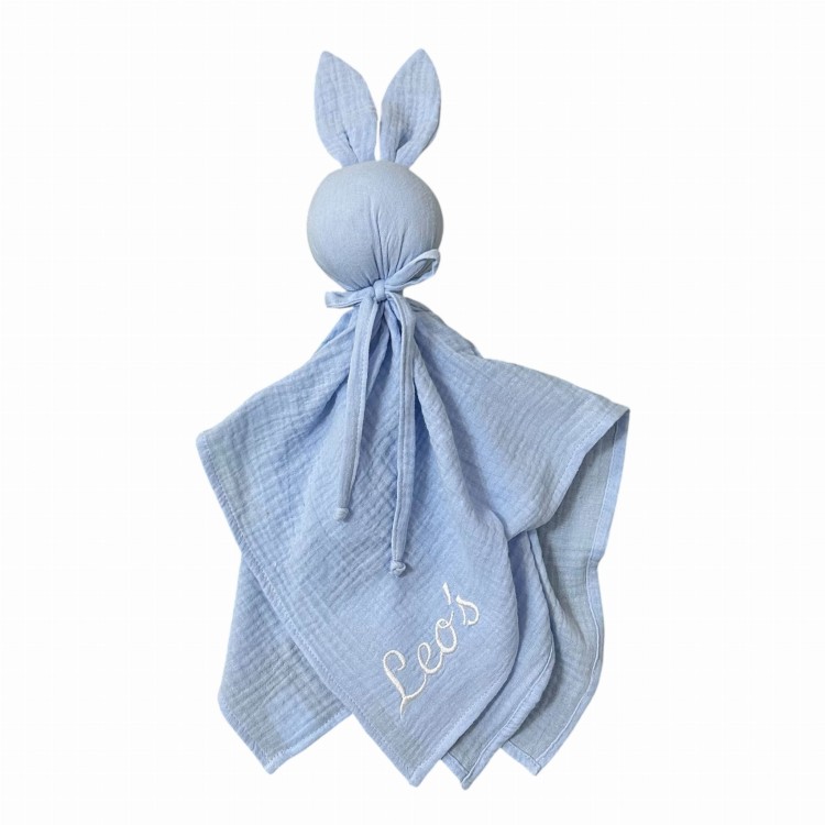 Przytulanka pieluszka królik dla niemowlaka Handmade haft własne imię personalizacja Błękit Handmade