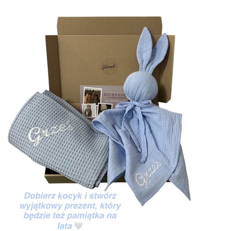 Przytulanka pieluszka królik dla niemowlaka Handmade haft własne imię personalizacja Na kocyku zestaw