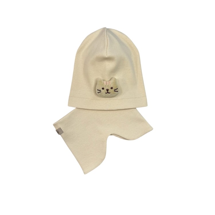 zestaw wiosenny dziewczynka czapka z kotkiem komin krem.JPG