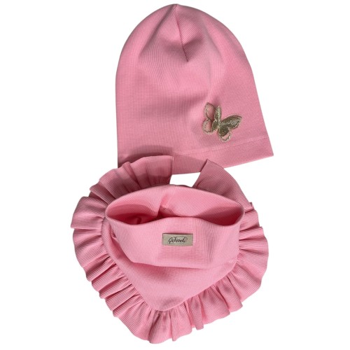 zestaw czapka z motylkiem komino chusta z falbanką dla dziewczynki na wiosnę.JPEG